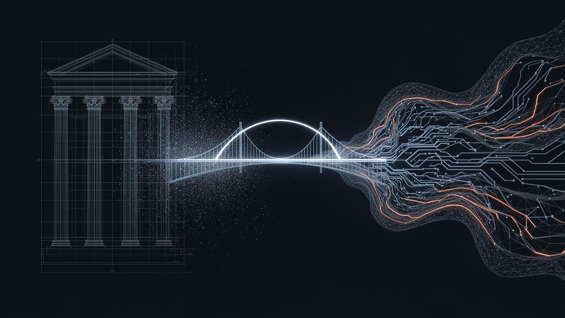 An illustration of an arc of light bridging classical architectural linework with an emerging neural-network topology